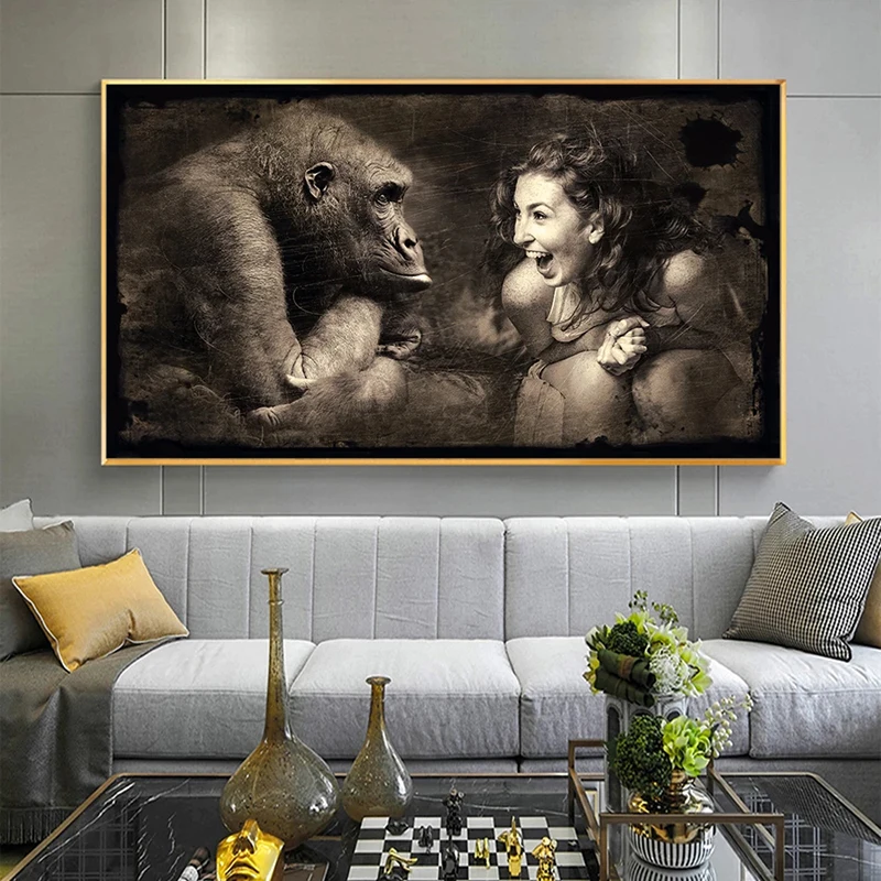 Maimuță cu o Femeie Peisaj arta Picturi pe Perete Postere de Arta si Imprimeuri Nordice Art Animale Imagini de Artă pentru Camera de zi