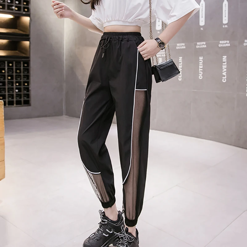 Subțire Talie Mare Pantaloni Femei Streetwear Negru Vrac Plasă De Mozaic 2020 Casual De Vara Reflectorizant Alb Glezna-Lungime Pantaloni Harem