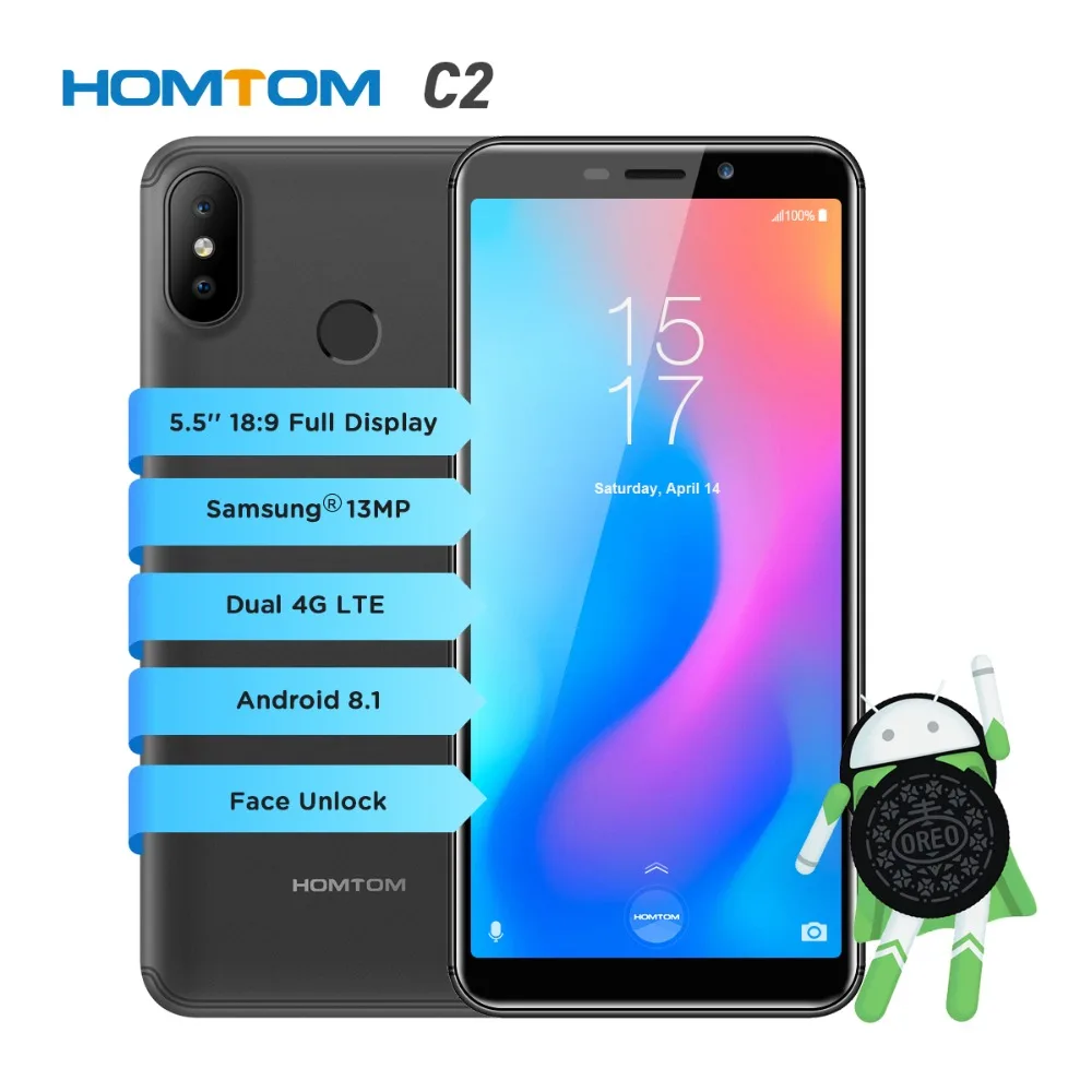 Original HOMTOM C2 4G Telefoane Mobile Android 8.1 2GB RAM 16GB ROM Smartphone Quad Core Fata ID-ul Dual camera foto din Spate De 5.5