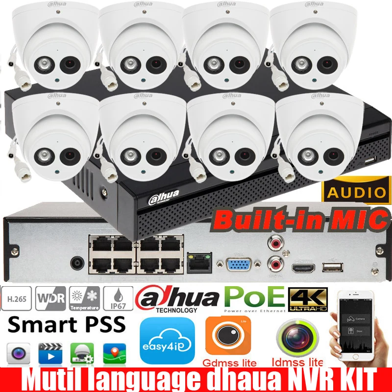 Mutil limba Dahua 8CH POE NVR2108hs-8P-4kS2 cu 8PCS 6mp impermeabil dome Camera POE IP IPC-HDW4631C-UN Sistem de Securitate