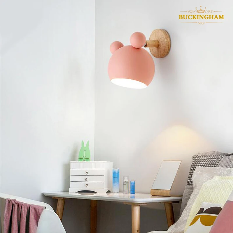 Lampa de perete nordic din lemn, fier de perete de lumină adăpost modern pentru sufragerie cafe noptieră lampa de perete macaroon capul de direcție E27 85v-265v