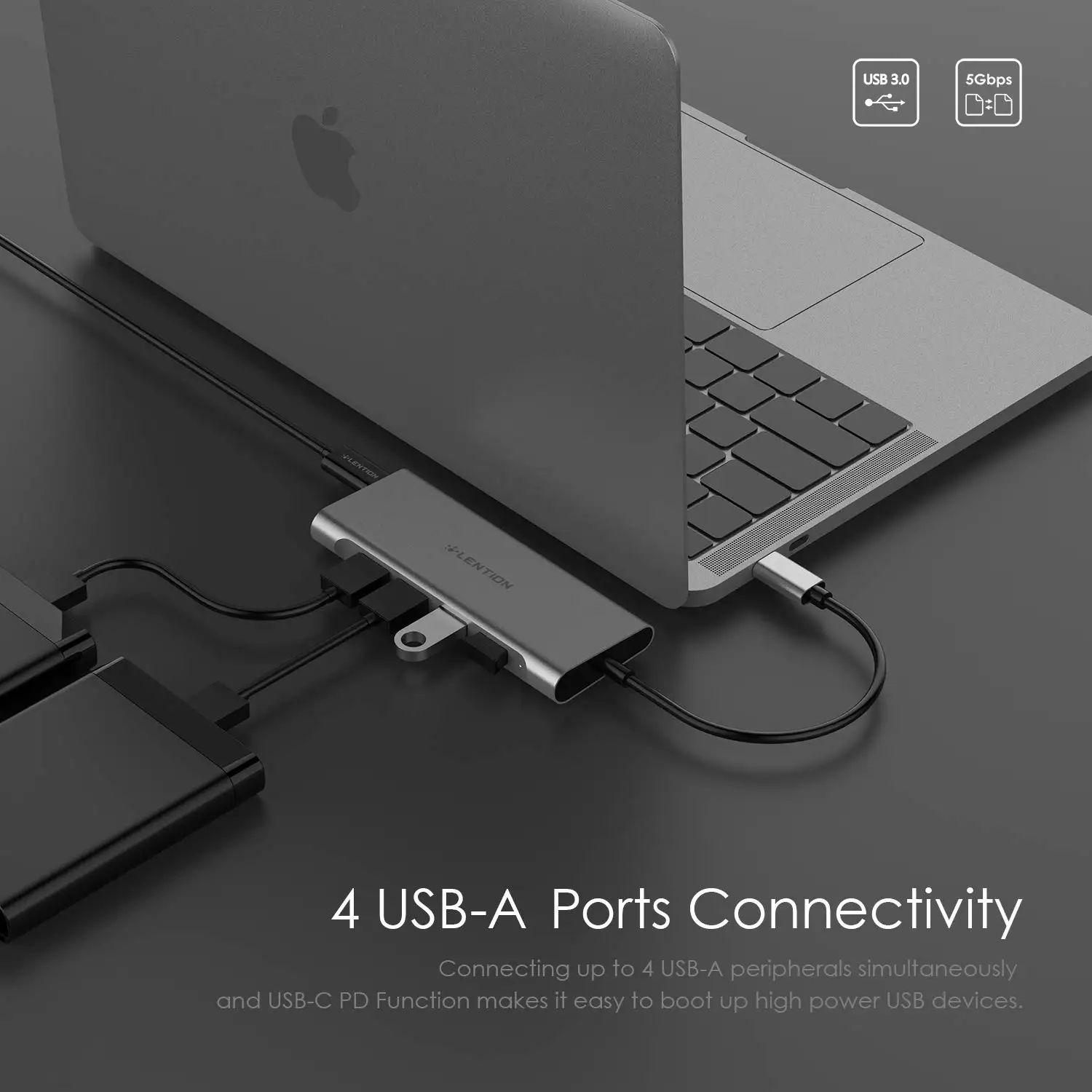 Lention USB-C Multi-Port Hub cu 4K Ieșire HDMI, 4 porturi USB 3.0, Tip C, Adaptor de Încărcare pentru 2020-2016 MacBook Pro13/15/16, Suprafata