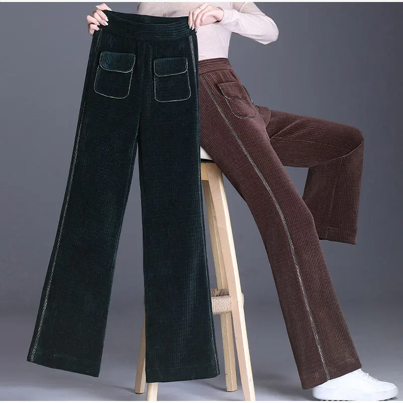 Femei Plus Dimensiune Partea Paiete Flare Pantaloni de Catifea 4XL Iarna Toamna Talie Elastic Buzunar Mare Clopot-fund Decora Efect Pantaloni Lungi