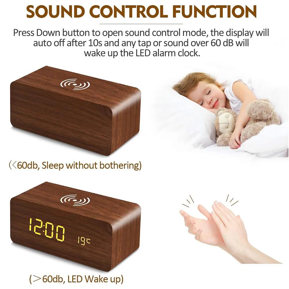 Lemn Ceas Deșteptător Control Sunet Snooze Ceas De Masa Cu Încărcare Wireless Qi 3 Setări De Alarmă Și 3 Niveluri De Luminozitate Reglabilă