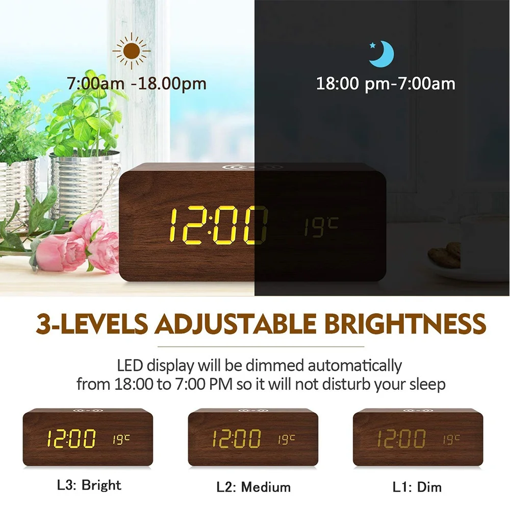 Lemn Ceas Deșteptător Control Sunet Snooze Ceas De Masa Cu Încărcare Wireless Qi 3 Setări De Alarmă Și 3 Niveluri De Luminozitate Reglabilă