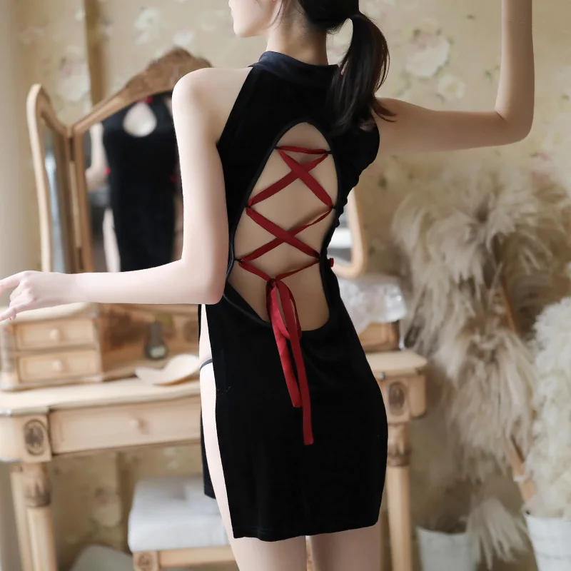 Chineză stil sexy fantă cheongsam Negru Dantelă Roșie Femei Sexy Deschide Piept Minunat de sex Feminin Cheongsam Erotic Costum de G-string Set