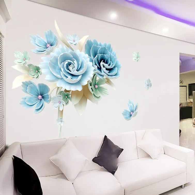 Mare 3D DIY Floare Albastră Autocolant de Perete Moderne Autocolante de Perete Decor pentru Camera de zi Detașabil Murală de Fundal de Artă Acasă Decalcomanii