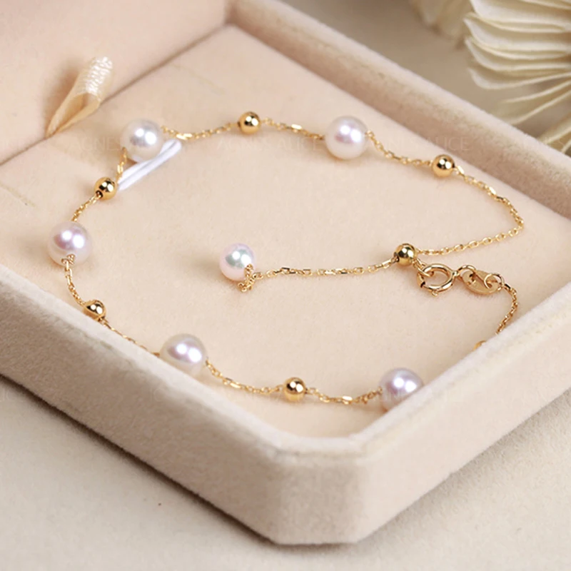 Sinya 18k Au750 Lanț de aur Bratari Bratari cu rotundă naturală perla farmec pentru femei fata de Mama iubitului lungime de 18-25 cm reglabil