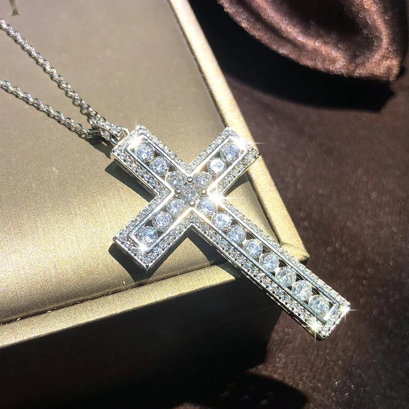 Bling Pandantiv Cruce Argint de Culoare Colier Statement cu Zircon StoneLong Lanț Colier pentru Femei, Omul Religios Moda Bijuterii