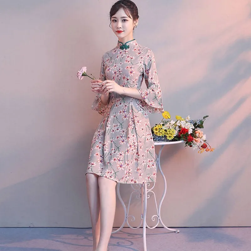 Sexy Jumătate Maneca Femei Cheongsam Rochie Floral Chinezesc Oriental Doamna Haine de Seara Elegante Vestidos Flare Sleeve O linie de Suport