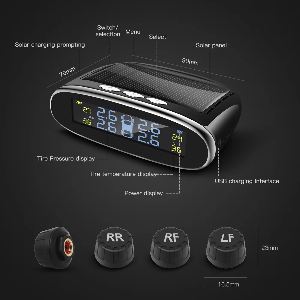 6Bar Automobile TPMS Solare/USB de Încărcare Anvelope de Temperatură Și Sistem de Monitorizare a Presiunii O-003 LCD Ecran Color 4buc Senzor