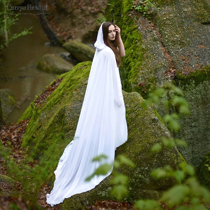 Nunta mireasa mantie alb fildeș vanille sifon (poliester) pelerina cu gluga legământului Medieval Nunta 2m lungime DJ015