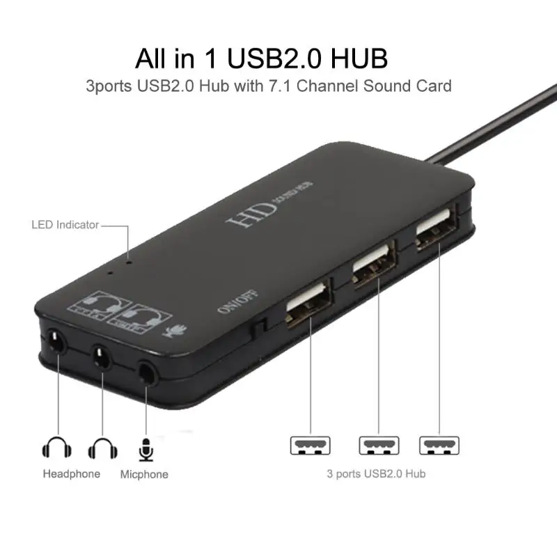 3-Port USB Hub cu Externe 7.1 Channel Sound Card Cască Microfon Adaptor Hub USB 2.0 pentru PC, Laptop