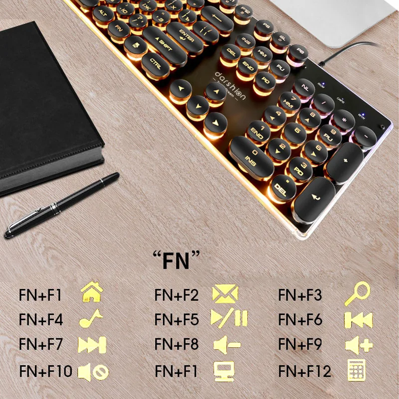 Jocuri Russian English Keyboard Retro Rotund Stralucitoare Keycap Panou de Metal cu iluminare din spate USB Cablu Iluminat de Frontieră