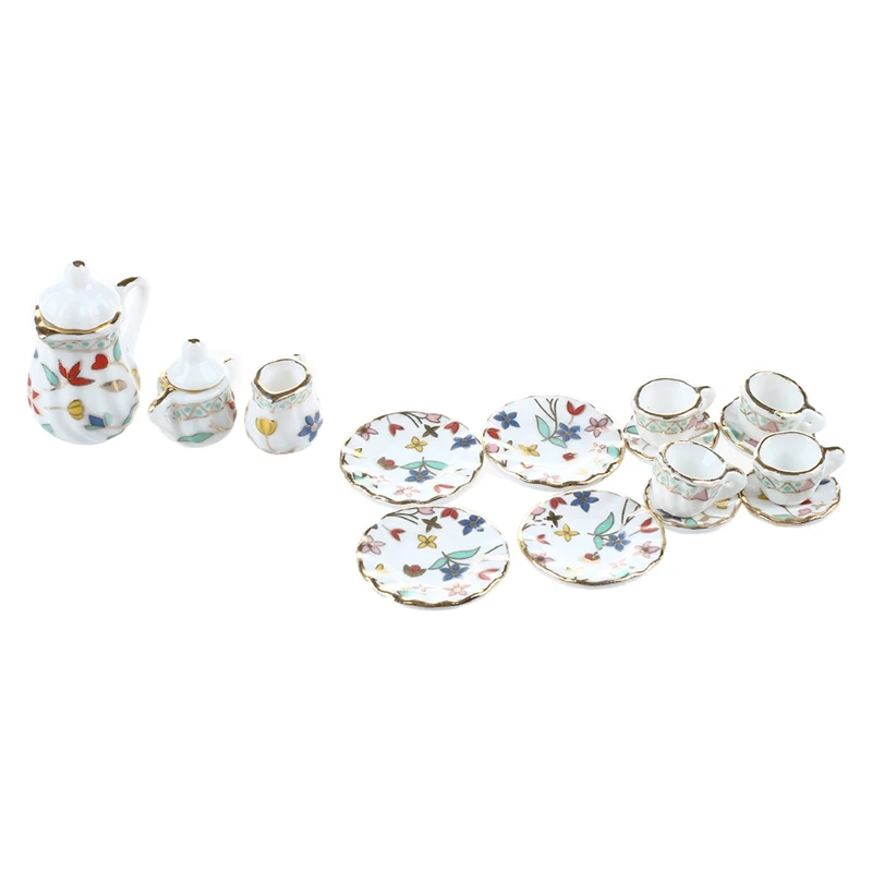 15 Piese Miniaturale Păpuși tacâmurile de ceai din portelan set tacamuri Cupa placa de imprimare florale Colorate