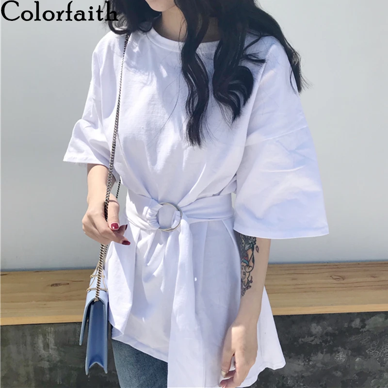 Colorfaith Noi 2020 Femei De Vara T-Shirt Solid Mai Multe Culori Bottom Dantelă-Up Casual Stil Coreean Liber Tiv Neregulate Topuri T313