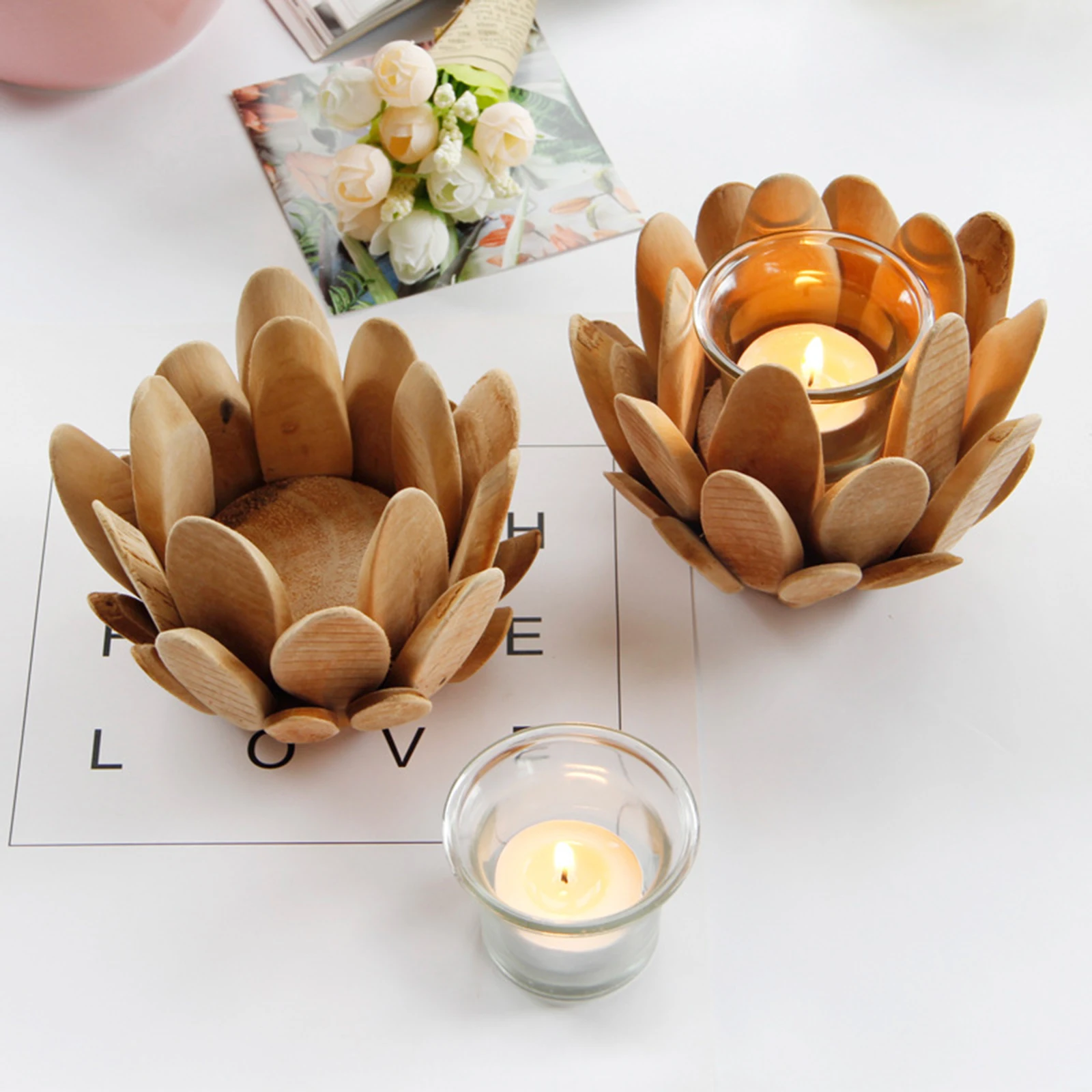 Din lemn, Floare de Lotus, Ceai Lumânare Lumina Titularul Sfeșnic DIY Suport pentru lumânările pastilă de Sticlă Delicată Ambarcațiuni Nunta Ziua Îndrăgostiților Decor