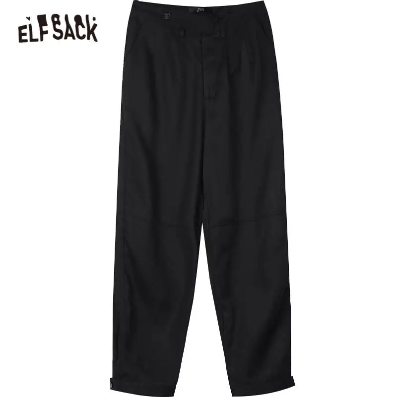 ELFSACK Negru Solid Direct Casual Buzunar Femei Pantaloni,2020 Toamna ELF Pura Talie Mare sex Feminin coreeană,Bază de zi cu Zi Safari Pantaloni