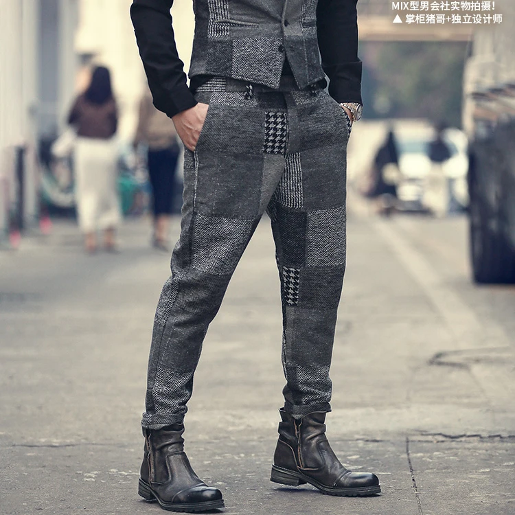 Retro împletit carouri de moda pentru Bărbați de lână pantaloni casual barbati pantaloni gri glezna-lungime pantaloni K681-3