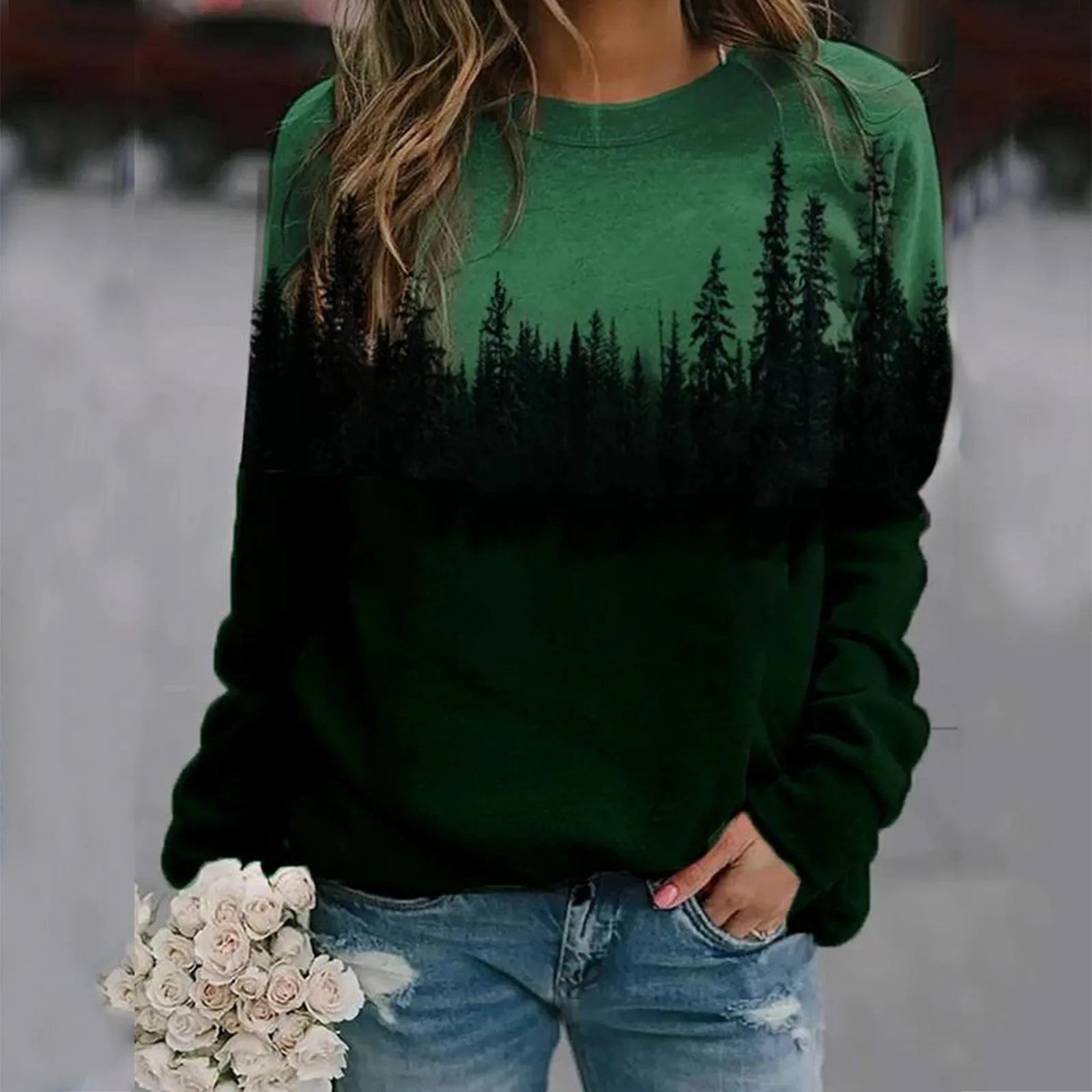 Estetica Imprimare Femei Top Casual Jachete Termice Crewneck Mânecă Lungă Pierde Com Verde Bluza Pentru Femei Roupa Feminina
