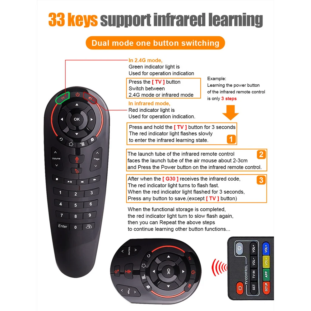 2 buc L8star G30S Vocea Aer Mouse-ul Android Tv Gyro 33 taste IR de Învățare TV control de la Distanță controler de 2.4 G Wireless Air Mouse-ul de la Distanță
