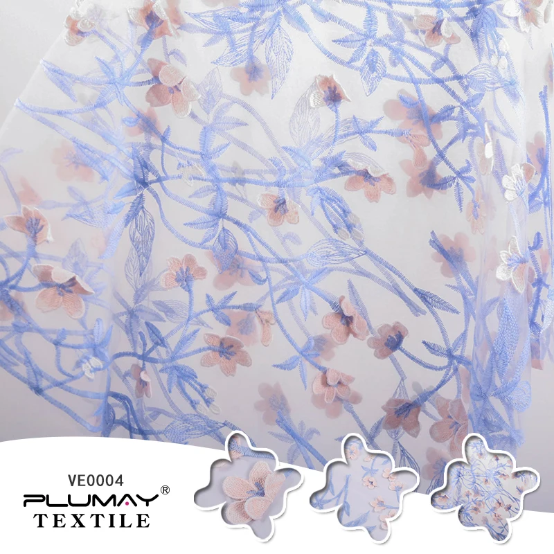 Poliester 3d floare albastra dantela brodata material de mireasa tesatura pentru rochie