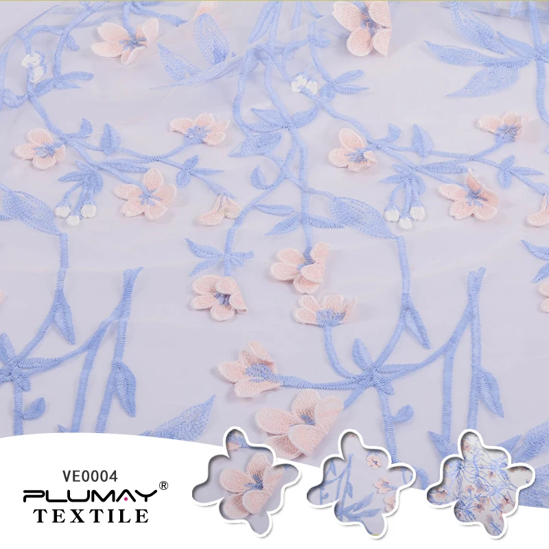 Poliester 3d floare albastra dantela brodata material de mireasa tesatura pentru rochie