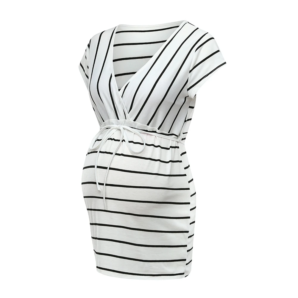 BB Femeie Gravidă cu Dungi tricou, Short Sleeve V-neck Lace-up Pulover Stil Casual Top