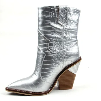 2020 Moda Fermiera Cizme pentru Femei Încălțăminte de Iarnă Cowboy Vest Glezna Cizme a Subliniat Toe Despicare Paiete PU Pantofi de Piele de Femeie