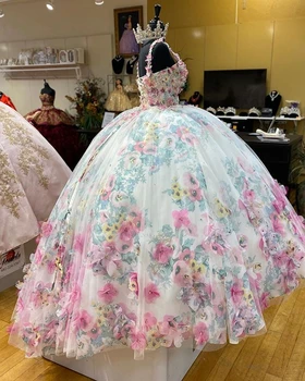 2021 Quinceanera Rochie de Bal Rochii 3D Florale Flowrs Dulce 16 Dress Etaj Lungime plin de culoare Petrecere Rochie vestidos de 15 ani