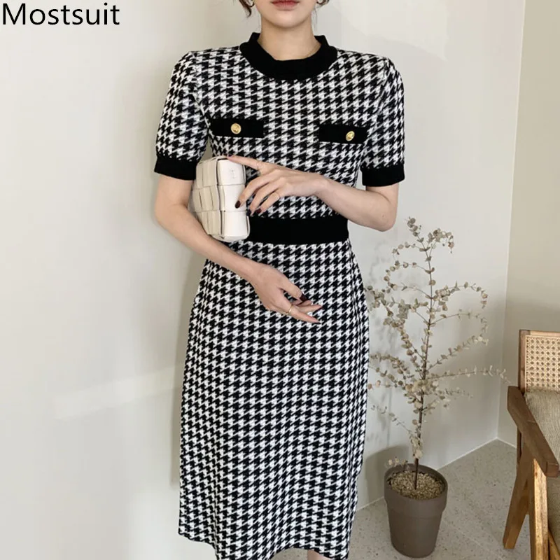 2020 Primavara-Vara coreean Epocă Houndstooth Tricotate Femei Rochie Maneca Scurta O-gât Jumătatea vițel Rochii Elegante Doamnelor Vestidos