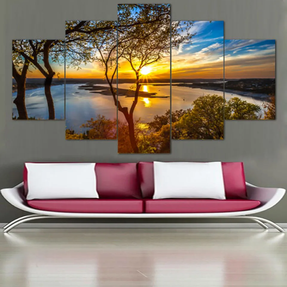 Postere Tablou de Arta de Perete Home Decor Modern 5 Panoul de Răsărit de soare Frumos Peisaj Natural HD Imprimare Pictura Modular Poze Panza