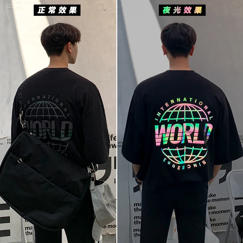 IEFB / bărbați purta vara noul negru t-shirt pentru bărbați 2021 coreean reflectorizante imprimate vrac bumbac cu mânecă scurtă sus de dimensiuni mari Y2230
