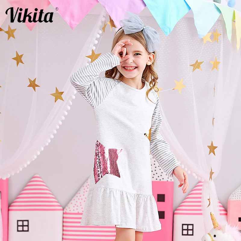 VIKITA Copii Rochii pentru Fete Costum cu Maneci Lungi Bumbac Rochie de Printesa pentru Copii Haine Reversibile Sequined Rochie Fete Copii