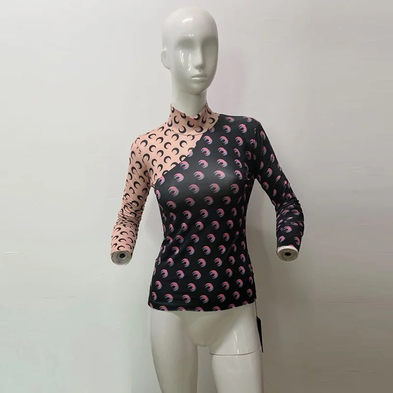 Vara Tricouri Femei 2020 Vogă Designer Luna Print T Camasa Vintage Maneca Lunga Lenjerie De Îmbrăcăminte Turtle Neck Color Block Topuri