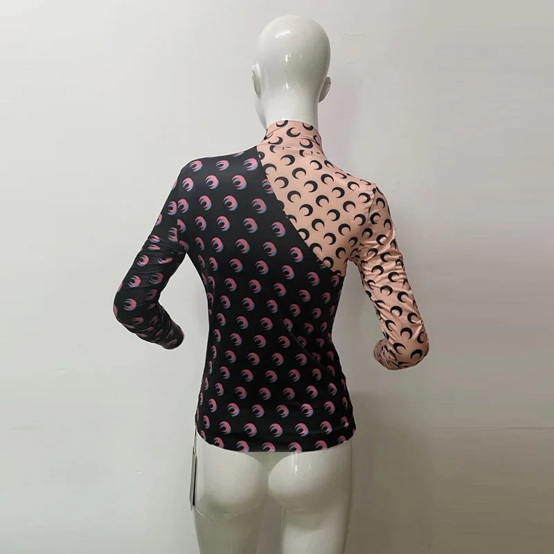 Vara Tricouri Femei 2020 Vogă Designer Luna Print T Camasa Vintage Maneca Lunga Lenjerie De Îmbrăcăminte Turtle Neck Color Block Topuri