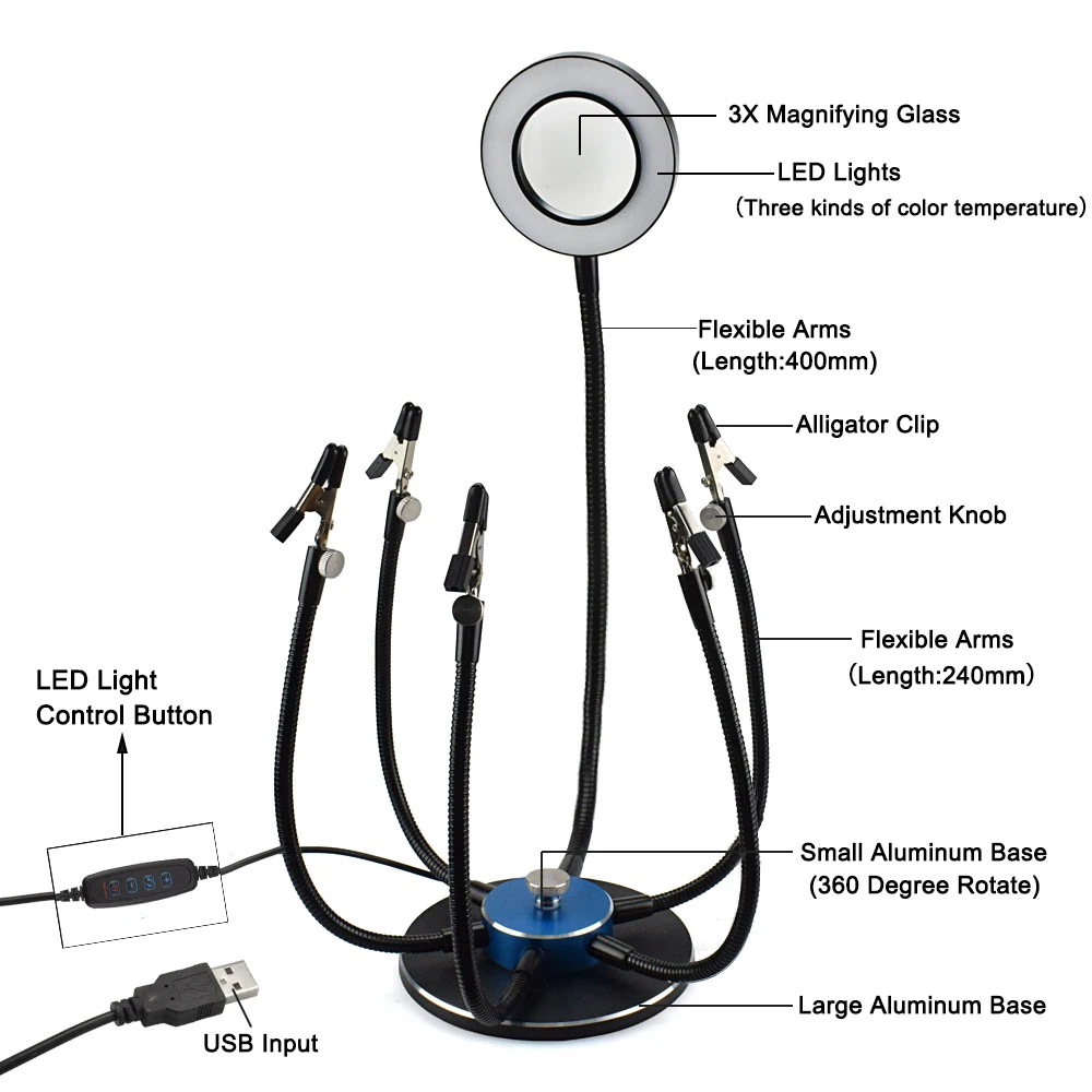 NEWACALOX Lipit Mana de ajutor USB 3X Lumini cu LED-uri Lupa 6pcs Bratele Flexibile de Rotație de Bază de Sudare al Treilea Instrument de Mână