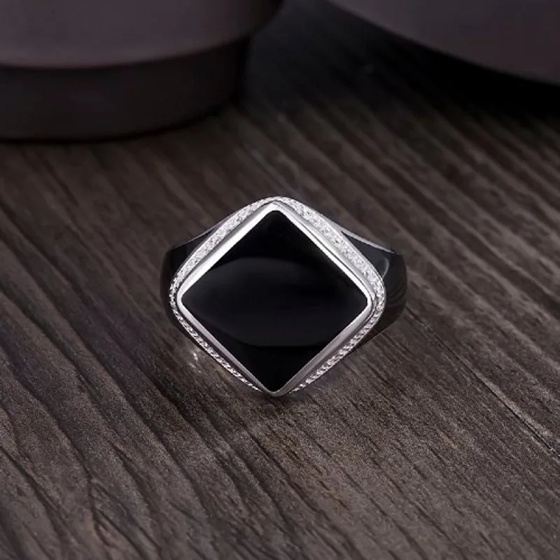 Modă nouă epocă de piatră prețioasă încrustate bărbați inel real 925 pur inel de argint pentru Omul simplu, negru diamant în formă de pudră epoxidică inele