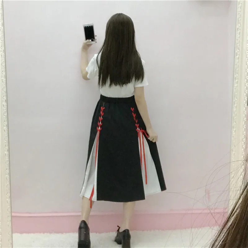 Femei Vara Fuste Plisate Epocă Talie Inalta Fusta Tutu Patchwrok Harajuku Cruce Neagră Bandaj Student-linie Fuste Midi