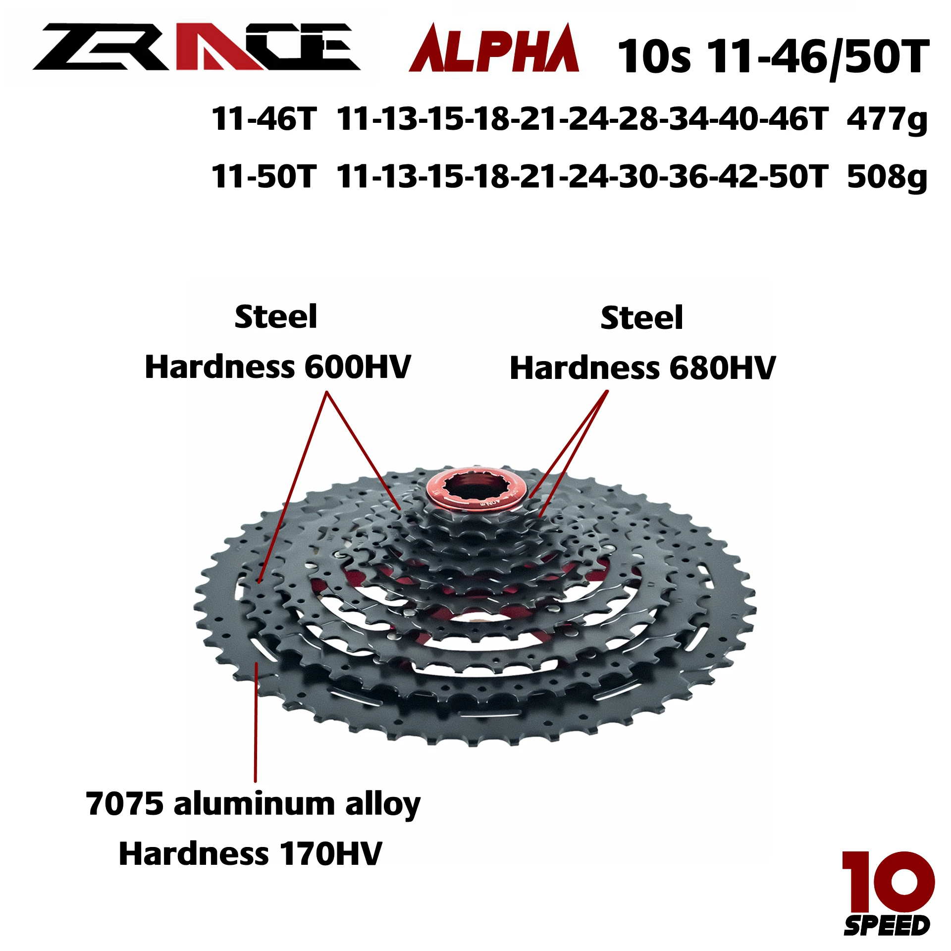 ZRACE Alpha 10 Viteza Usoare Caseta 10 Viteza de biciclete MTB pinioane 11-46T/50T - negru,