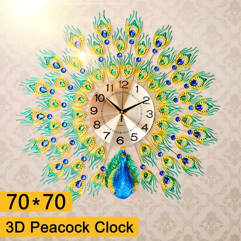 Mare 70x70cm Aur cu Diamante Păun Ceas de Perete Metal Ceas pentru Acasa, Camera de zi de Decorare DIY Ceasuri Ornamente