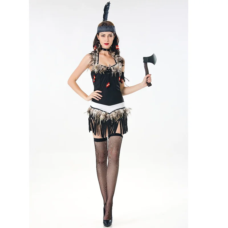 Sexy negru Indian Cosplay Costum Ciucuri Pene Indian Regina Rochie pentru Femei Halloween Cosplay Costum de Lux Cu articole pentru acoperirea capului