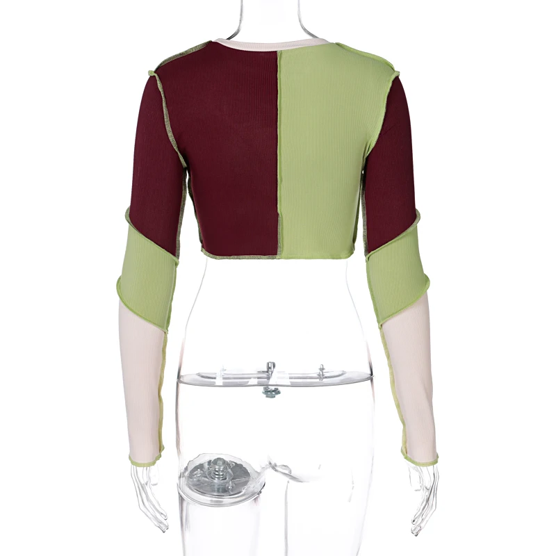 Maneca lunga O-Gât Mozaic cu dungi Neregulate Tricou Toamna Iarna Femei de Moda Streetwear Casual Crop Top 2021 Y2K Imbracaminte
