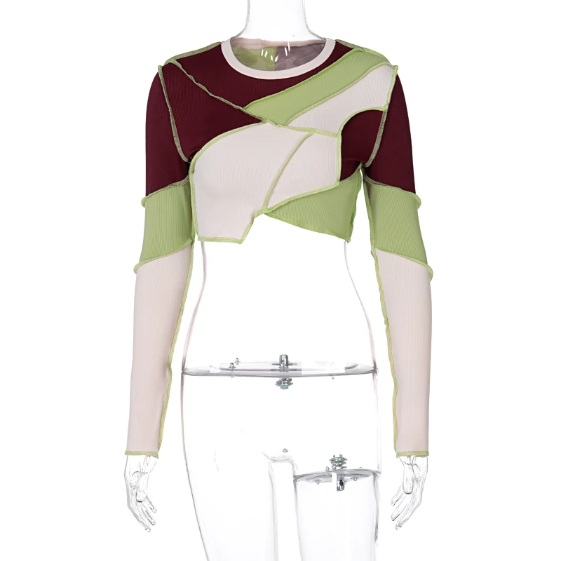 Maneca lunga O-Gât Mozaic cu dungi Neregulate Tricou Toamna Iarna Femei de Moda Streetwear Casual Crop Top 2021 Y2K Imbracaminte