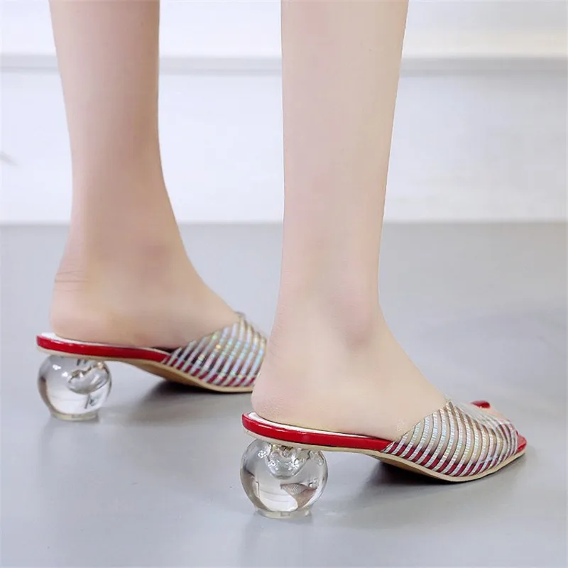 Vara Nou Designer Papuci Femei Catâri Pantofi de Moda Stripe Open toe Slide-uri Doamnelor Marca Rotund toc Catâri Papuci de sex Feminin