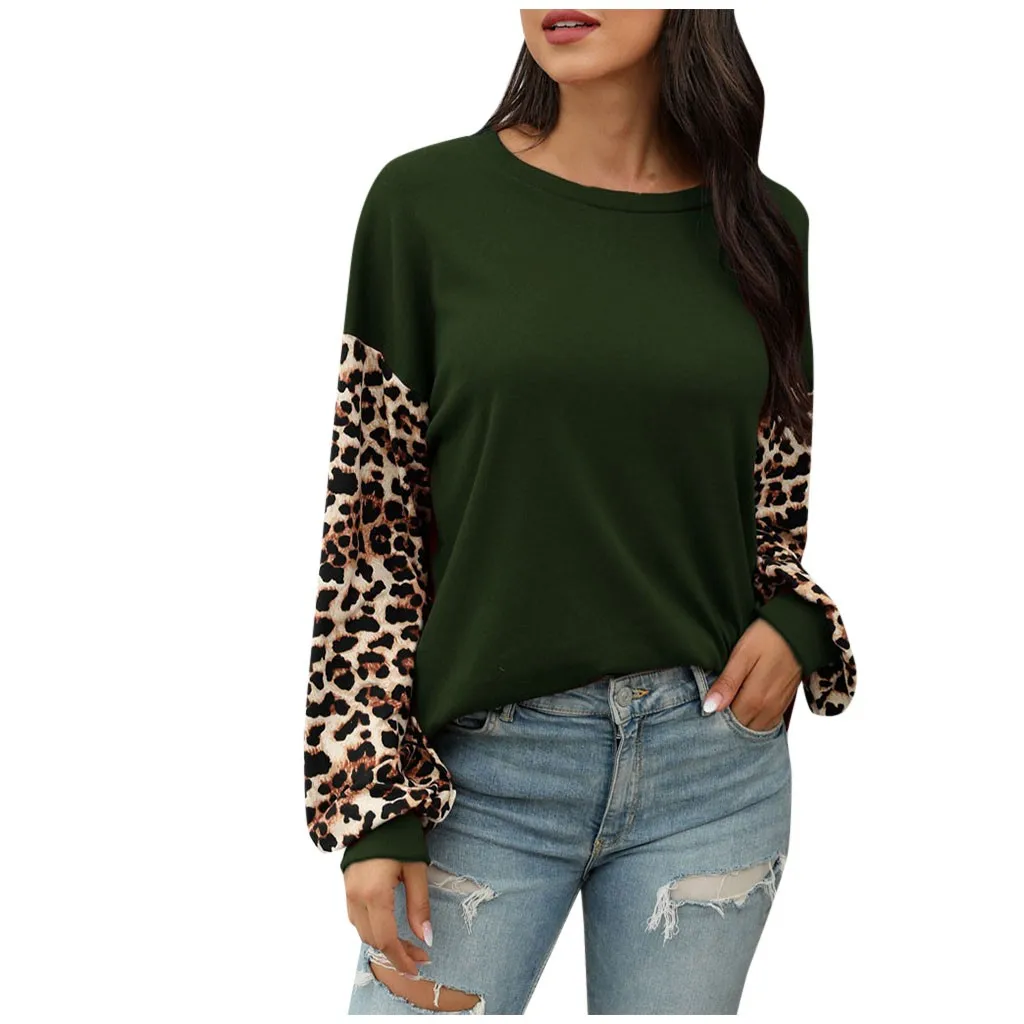 Nouă Femei Leopard de imprimare de Top, Plus Dimensiunii Vară Toamnă Gât Rotund Maneca Lunga T-shirt de Moda Casual Pulover Pierde T-sh