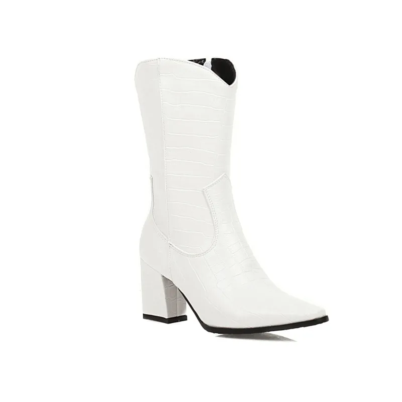 MORAZORA 2020 Glezna cizme cu tocuri groase deget de la picior pătrat doamnelor pantofi de moda cu zip solide de culoare de iarnă cizme pentru femei alb-negru