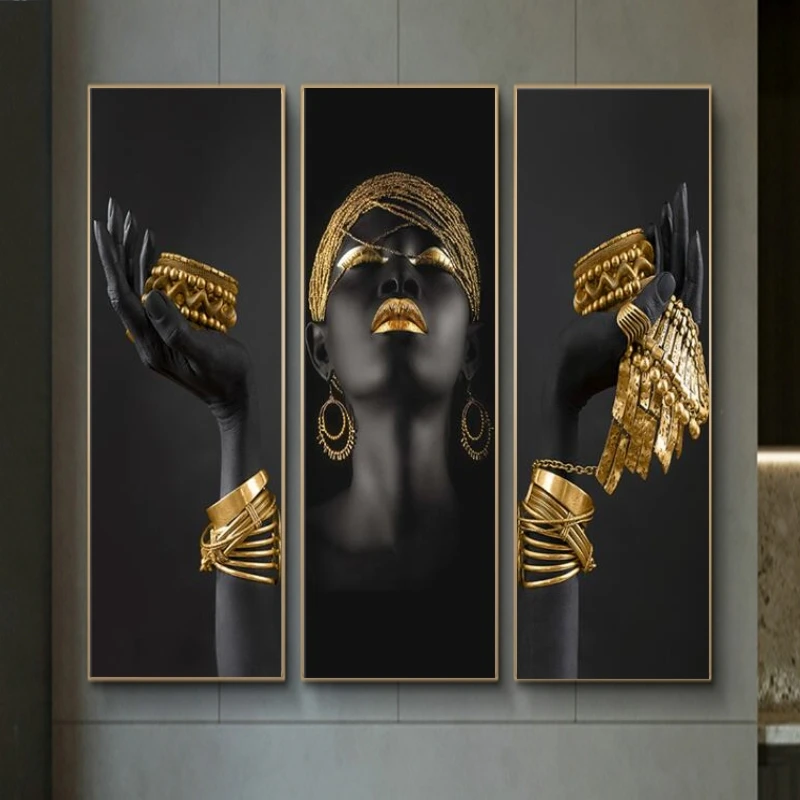 Negru African Femeie cu Bijuterii de Aur pe Mâini Panza Picturi pe Perete Postere de Arta si Imprimeuri Moderne, Decor Acasă Imagini