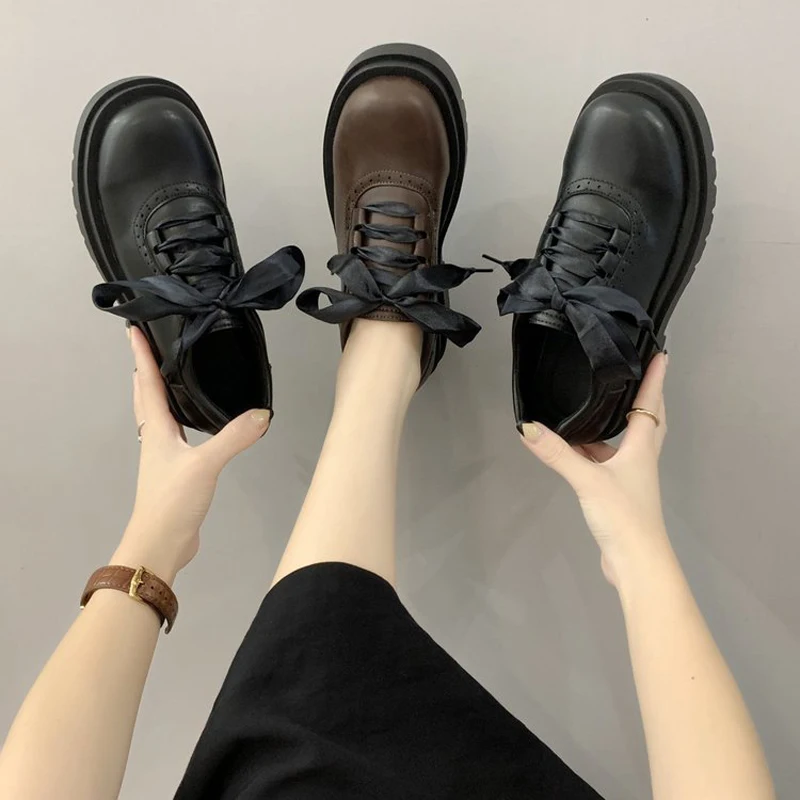 EOFK Nou Toamna Pantofi Femei Solid Negru PU Pantofi Oxford Femei Dantelă Sus Tocuri inalte Fund Gros Platforma Mocasini Pantofi Casual
