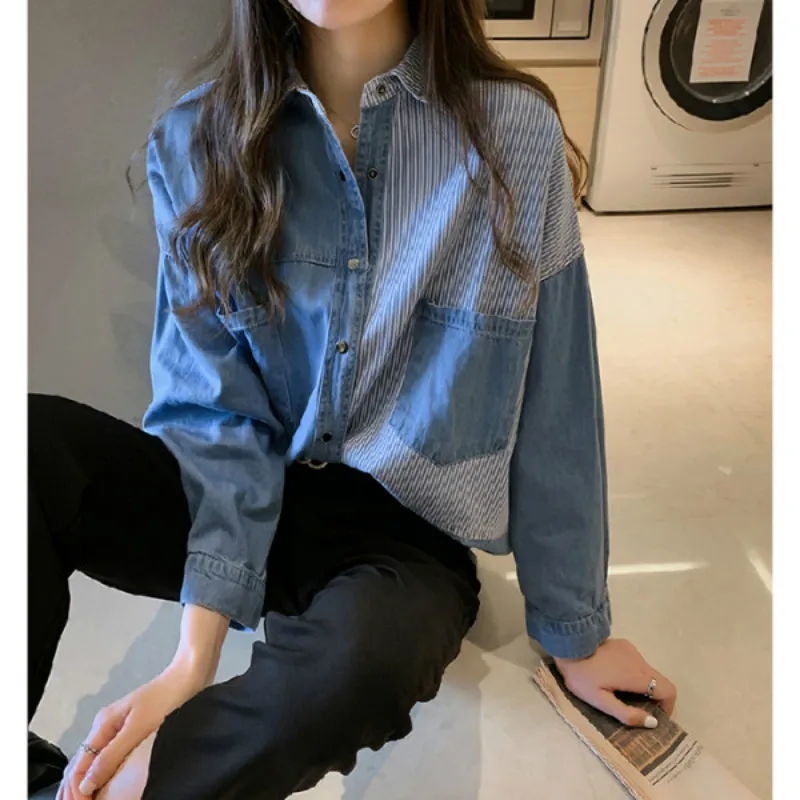 2021 Primăvară Nouă camisa blugi feminina Tricou de bumbac de sex Feminin Maneca Lunga pentru femei Camasa din denim liber coreeană plus dimensiune bluza 7256 50